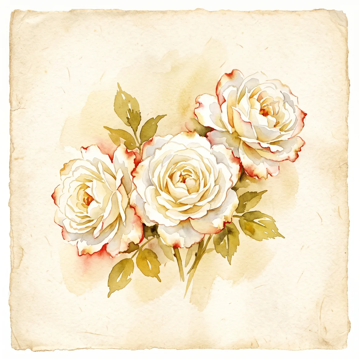 Watercolor painting of three full-blown white roses tinged with red-gold on aged parchment, symbolizing the Descent of the Holy Spirit, the third Glorious Mystery