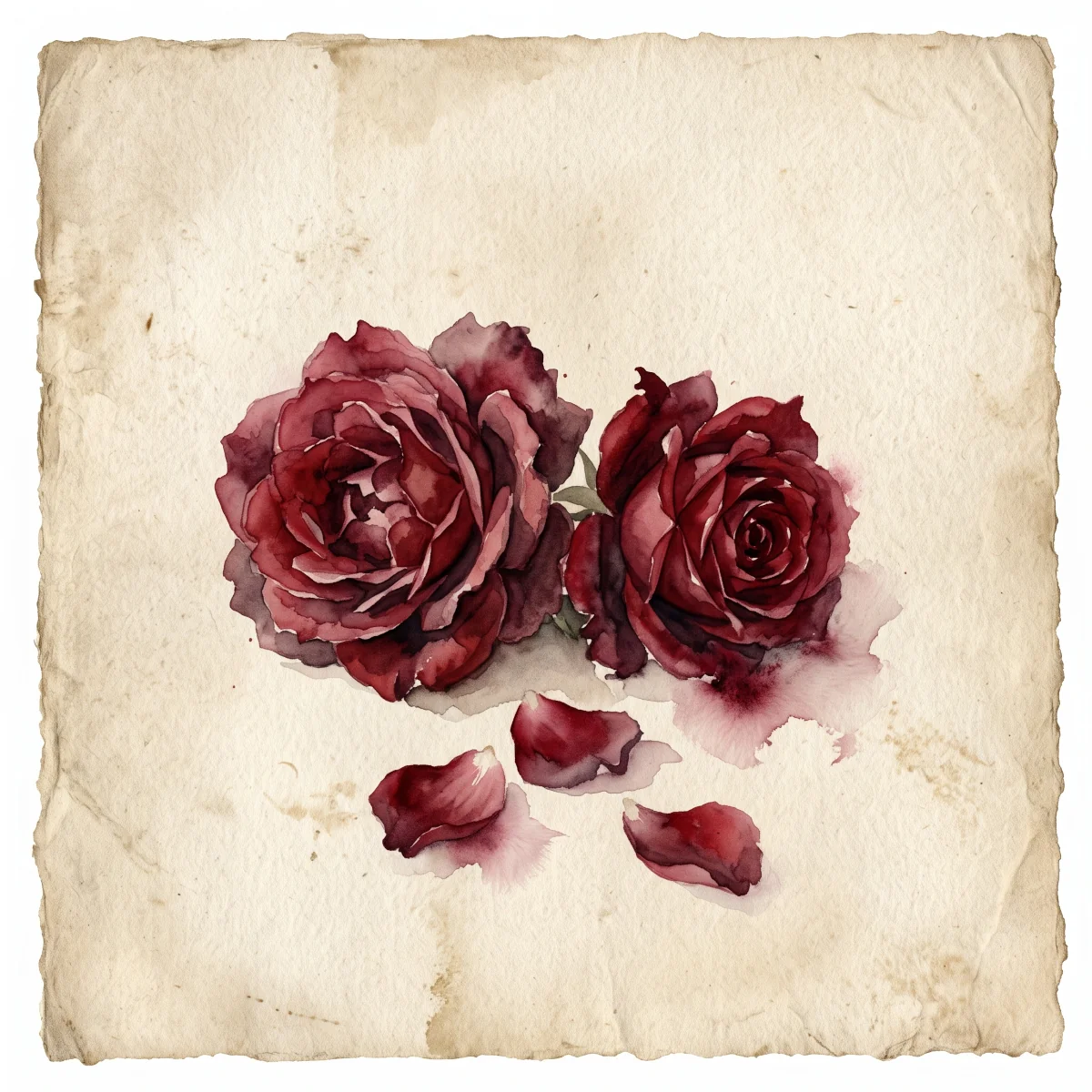 Watercolor painting of two deep blood-red roses on aged parchment, symbolizing the Scourging at the Pillar, the second Sorrowful Mystery