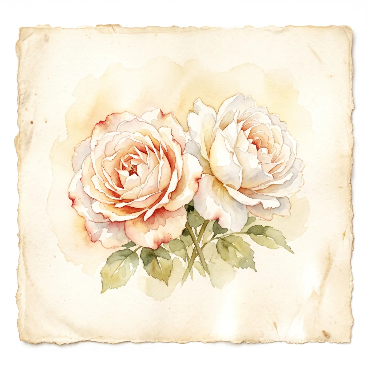 Watercolor painting of two full-blown white roses tinged with red-gold on aged parchment, symbolizing the Ascension, the second Glorious Mystery