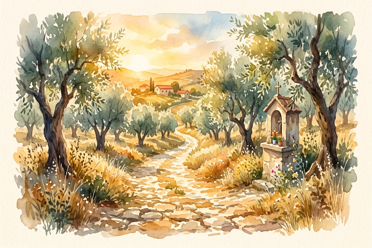 Watercolor painting of the olive-grove path at Valinhos Sanctuary