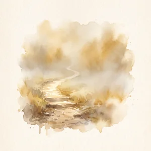A small watercolor illustration of a worn footpath disappearing into soft mist