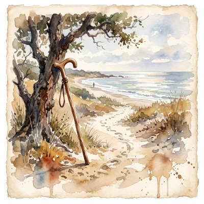 A loose watercolor painting of a simple wooden walking stick leaning against a tree, a faint trail of marks in the sand behind it leading toward the sea
